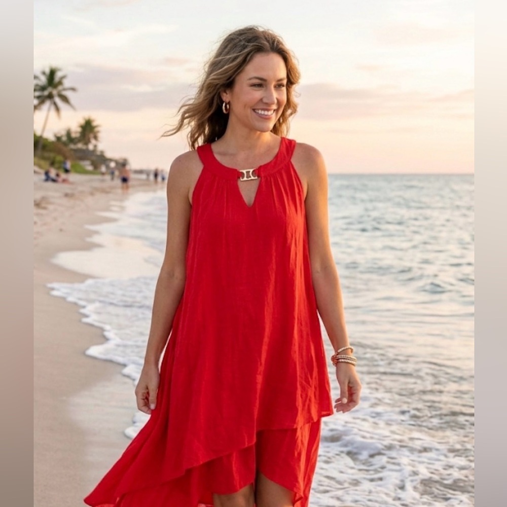 Luxology Red Sleeveless Dress with Gold Neck Clasp